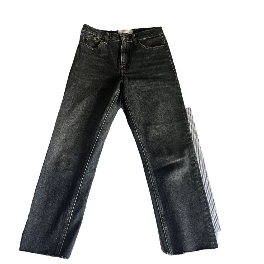 TOPSHOP Jeans Women’s Size 25 Charcoal Hi-Rise Distressed Straight Leg Denim